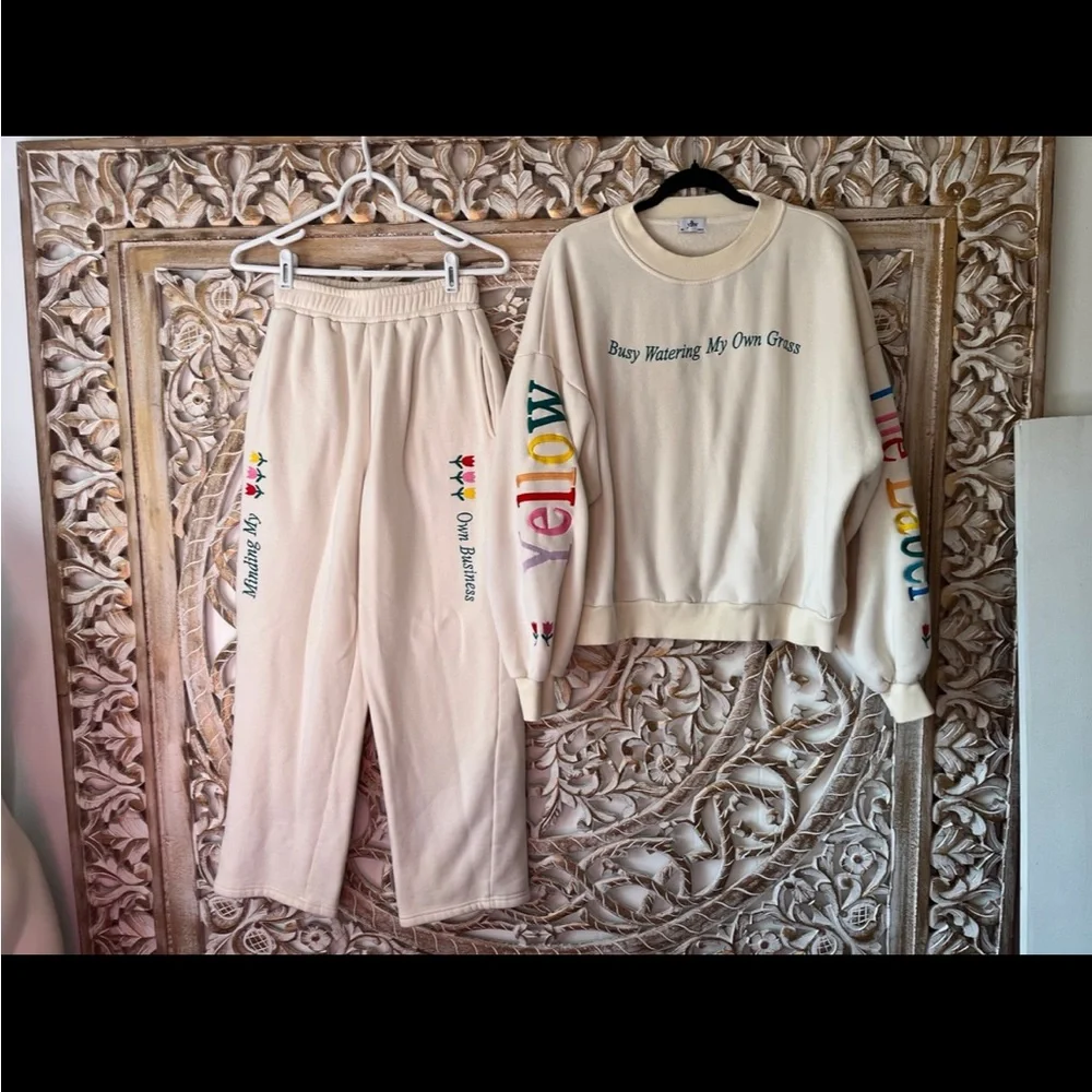 Cream Crewneck Sweatshirt w/ Rainbow Lettering & Embroidered Floral Accents - Picture 7 of 7